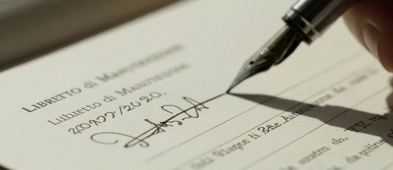 Firma sul libretto dell'impianto dopo l'intervento, durante la manutenzione di una caldaia Arca a Castelnuovo del Garda