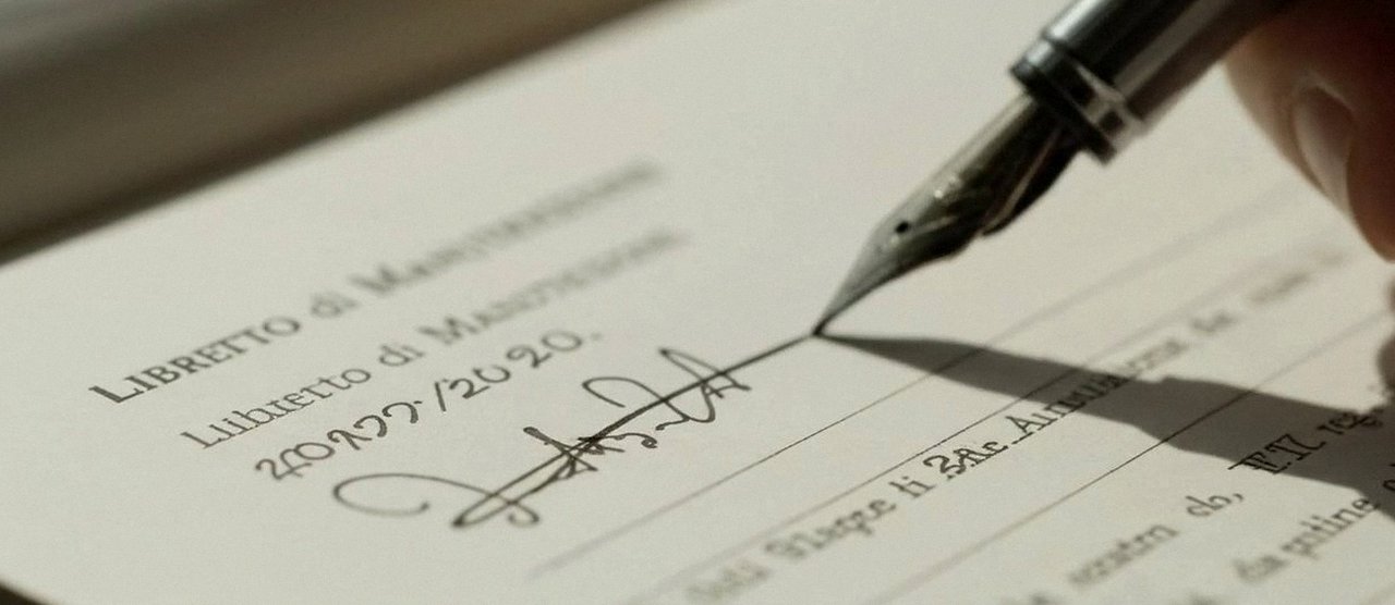 Firma sul libretto dell'impianto dopo l'intervento, durante la manutenzione di una caldaia Arca a Lavagno