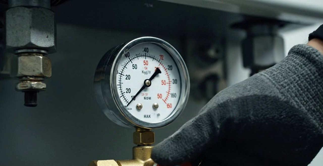 Tecnico che controlla il manometro della pressione dell'impianto, durante la manutenzione di una caldaia Ariston a San Bonifacio