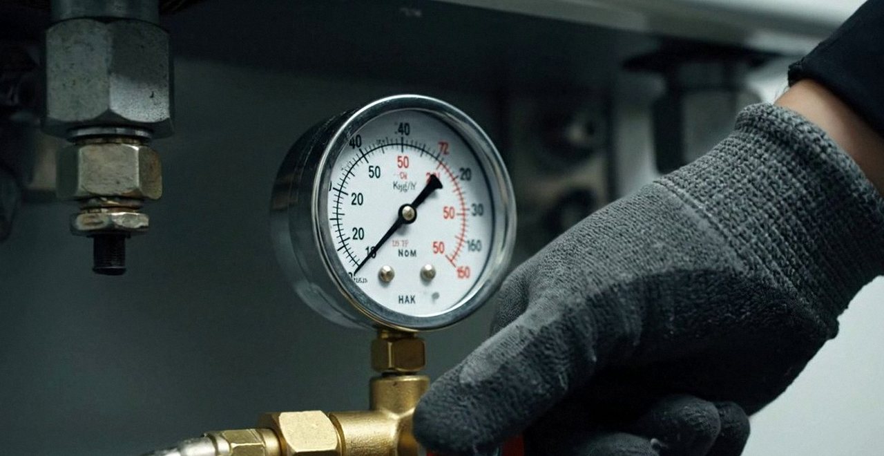 Tecnico che controlla il manometro della pressione dell'impianto: assistenza caldaie a Soave