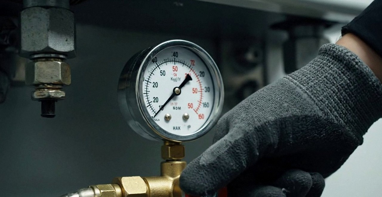 Tecnico che controlla il manometro della pressione dell'impianto: assistenza caldaie a Torri del Benaco