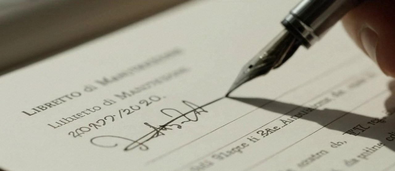 Firma sul libretto dell'impianto dopo l'intervento, durante la manutenzione di una caldaia Baltur a Peschiera del Garda