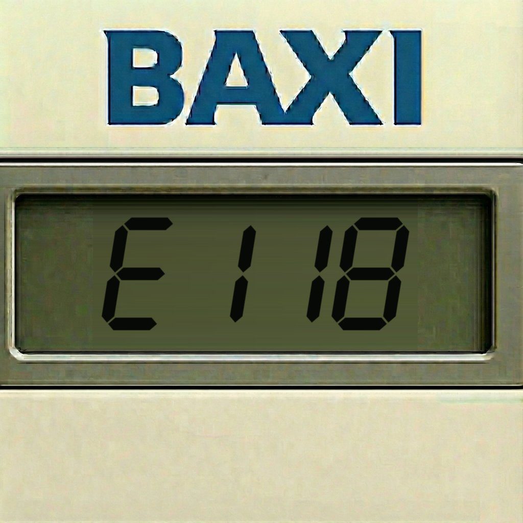 Display di una caldaia Baxi con il codice errore E118: pressione impianto bassa