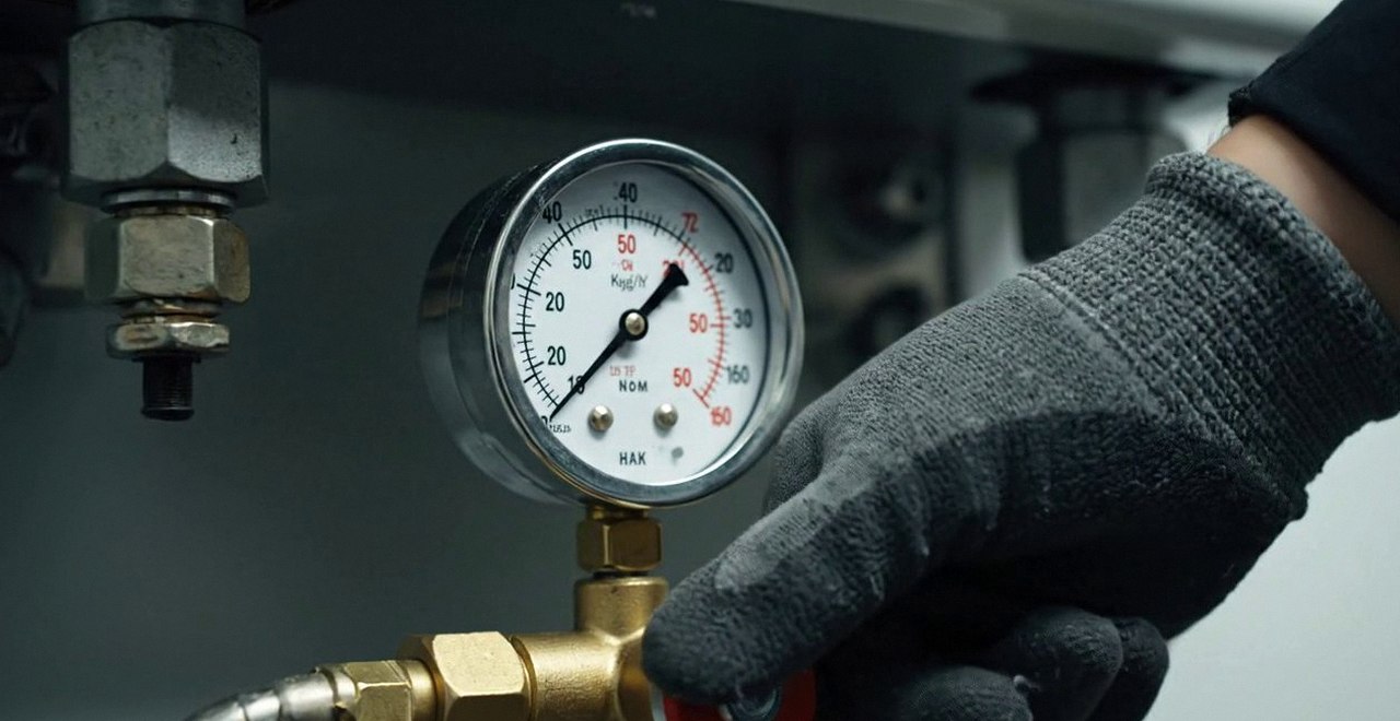 Tecnico che controlla il manometro della pressione dell'impianto, Verona e provincia, durante il lavaggio chimico dell'impianto di una caldaia Baxi a San Bonifacio