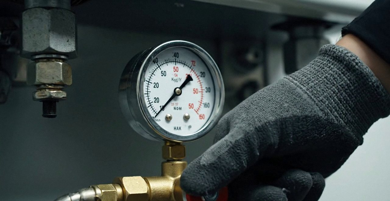Tecnico che controlla il manometro della pressione dell'impianto, Verona e provincia, durante il lavaggio chimico dell'impianto di una caldaia Beretta a San Bonifacio