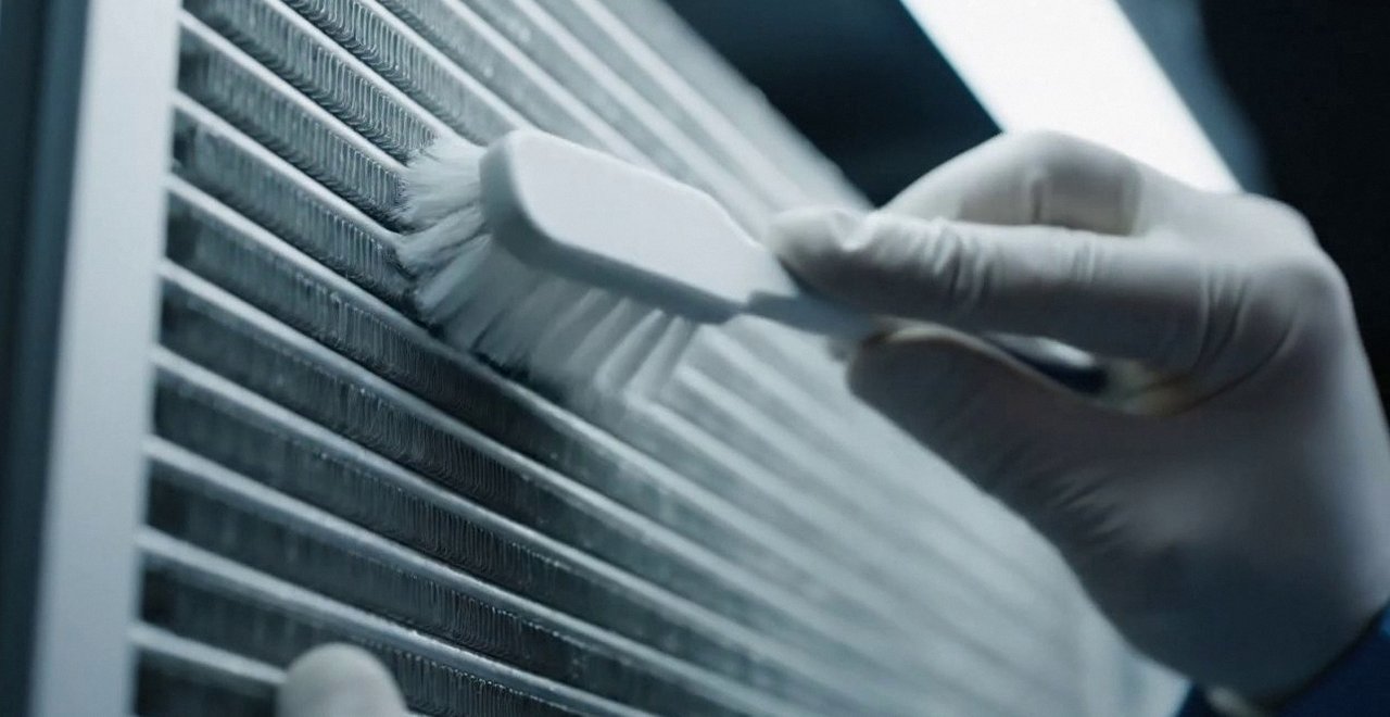 Tecnico che pulisce lo scambiatore di calore della caldaia, durante la manutenzione di una caldaia Beretta a Borgo Trento