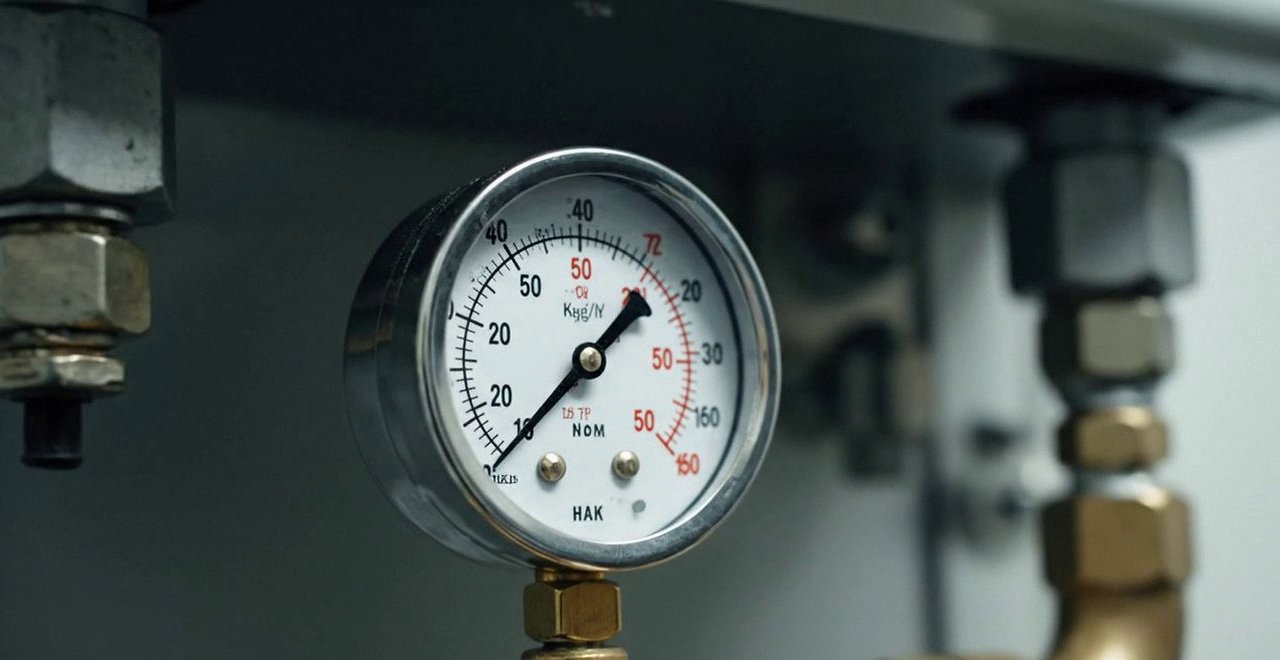 Tecnico che controlla il manometro della pressione dell'impianto, Verona e provincia, durante il lavaggio chimico dell'impianto di una caldaia Chaffoteaux a San Bonifacio
