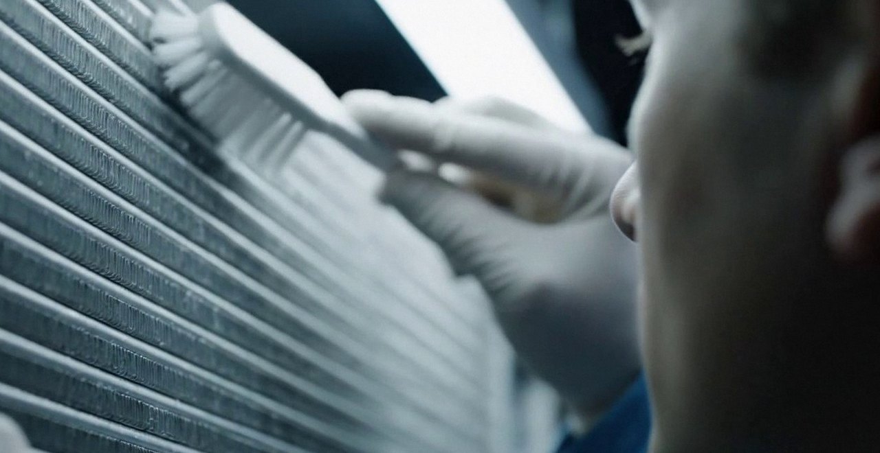 Tecnico che pulisce lo scambiatore di calore della caldaia, Verona e provincia, durante un pronto intervento di una caldaia Chaffoteaux a Bovolone