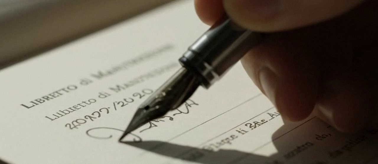 Firma sul libretto dell'impianto dopo l'intervento, durante la manutenzione di una caldaia Ferroli a Lavagno