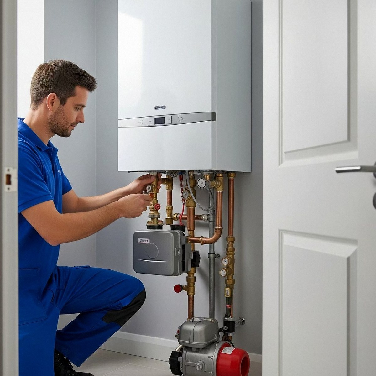 Installazione caldaia Immergas a Valeggio sul Mincio Tecnico che collega i tubi sotto una caldaia nuova, durante l'installazione di una caldaia Immergas a Valeggio sul Mincio