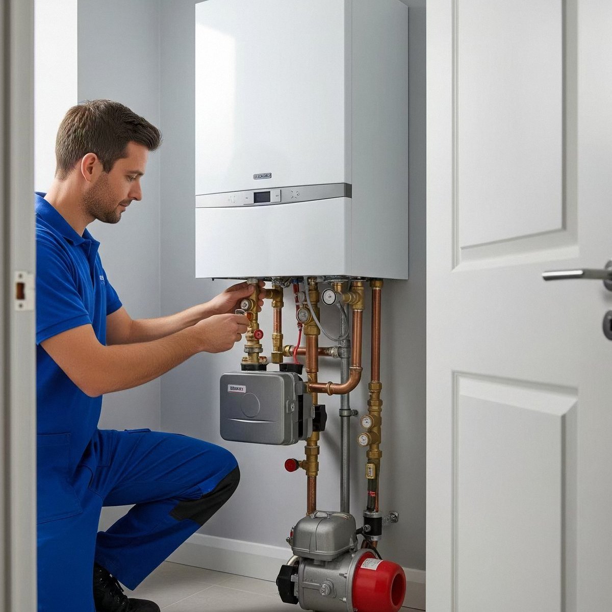 Installazione caldaia Immergas a Borgo Milano Tecnico che collega i tubi sotto una caldaia nuova, durante l'installazione di una caldaia Immergas a Borgo Milano