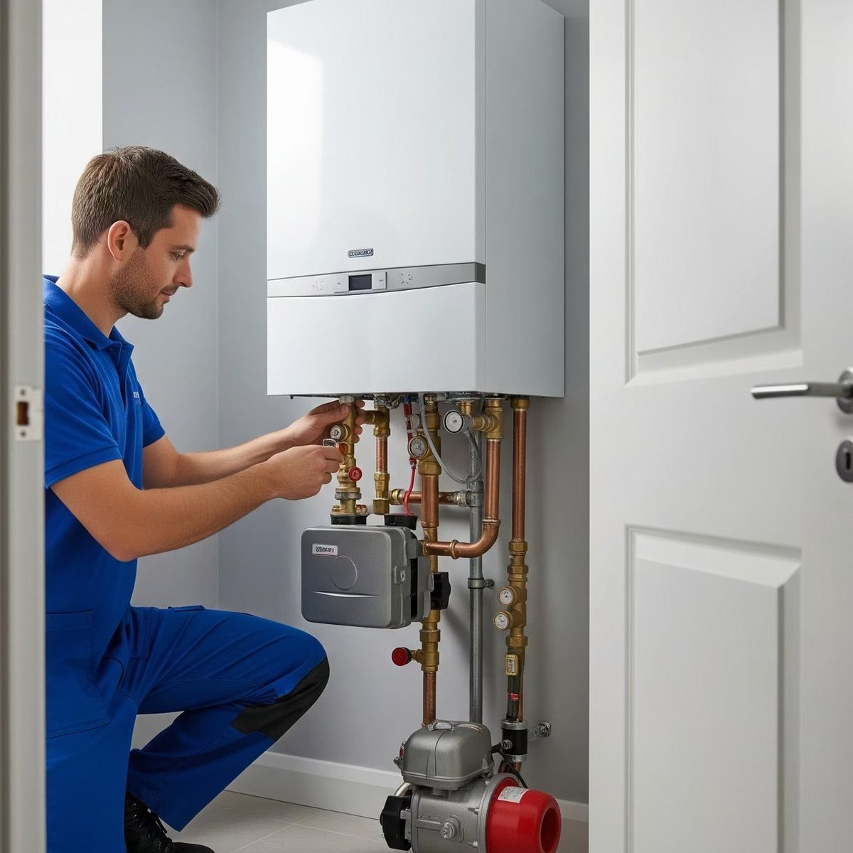 Installazione caldaia Immergas a Borgo Roma Tecnico che collega i tubi sotto una caldaia nuova, durante l'installazione di una caldaia Immergas a Borgo Roma
