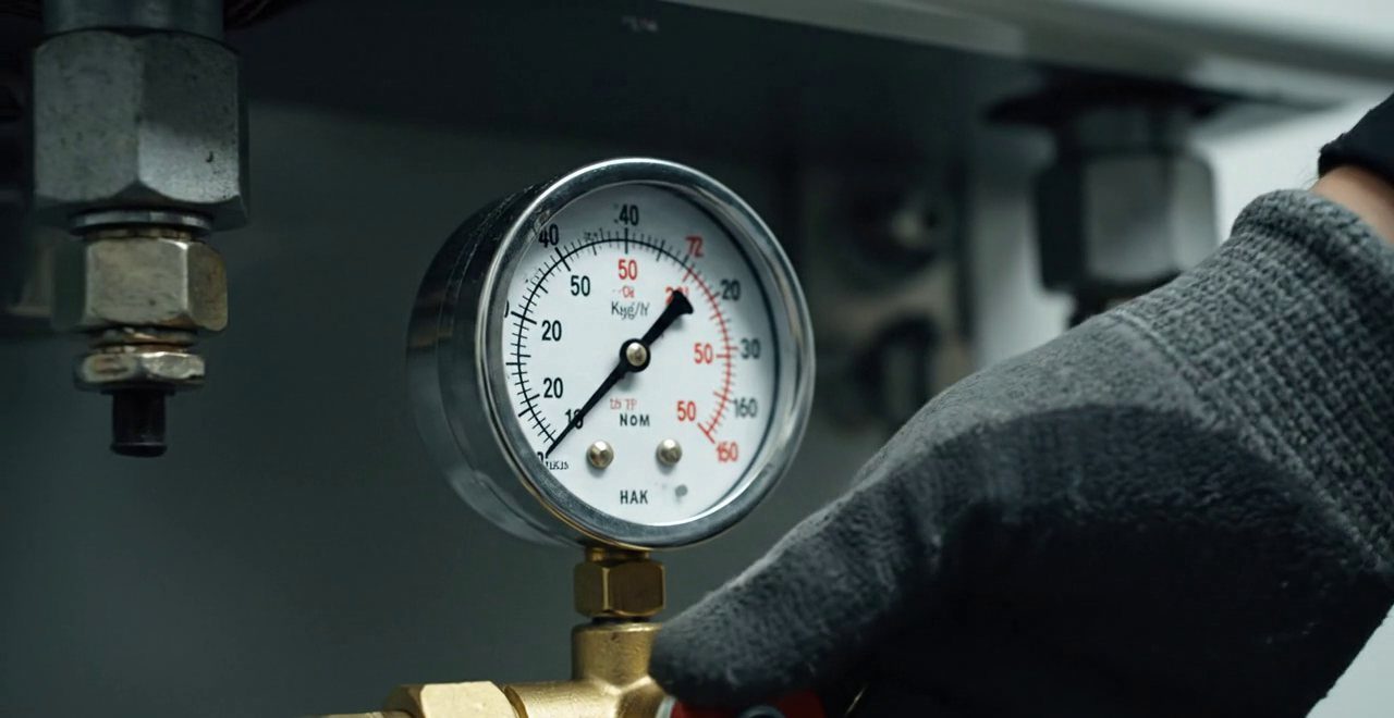 Tecnico che controlla il manometro della pressione dell'impianto