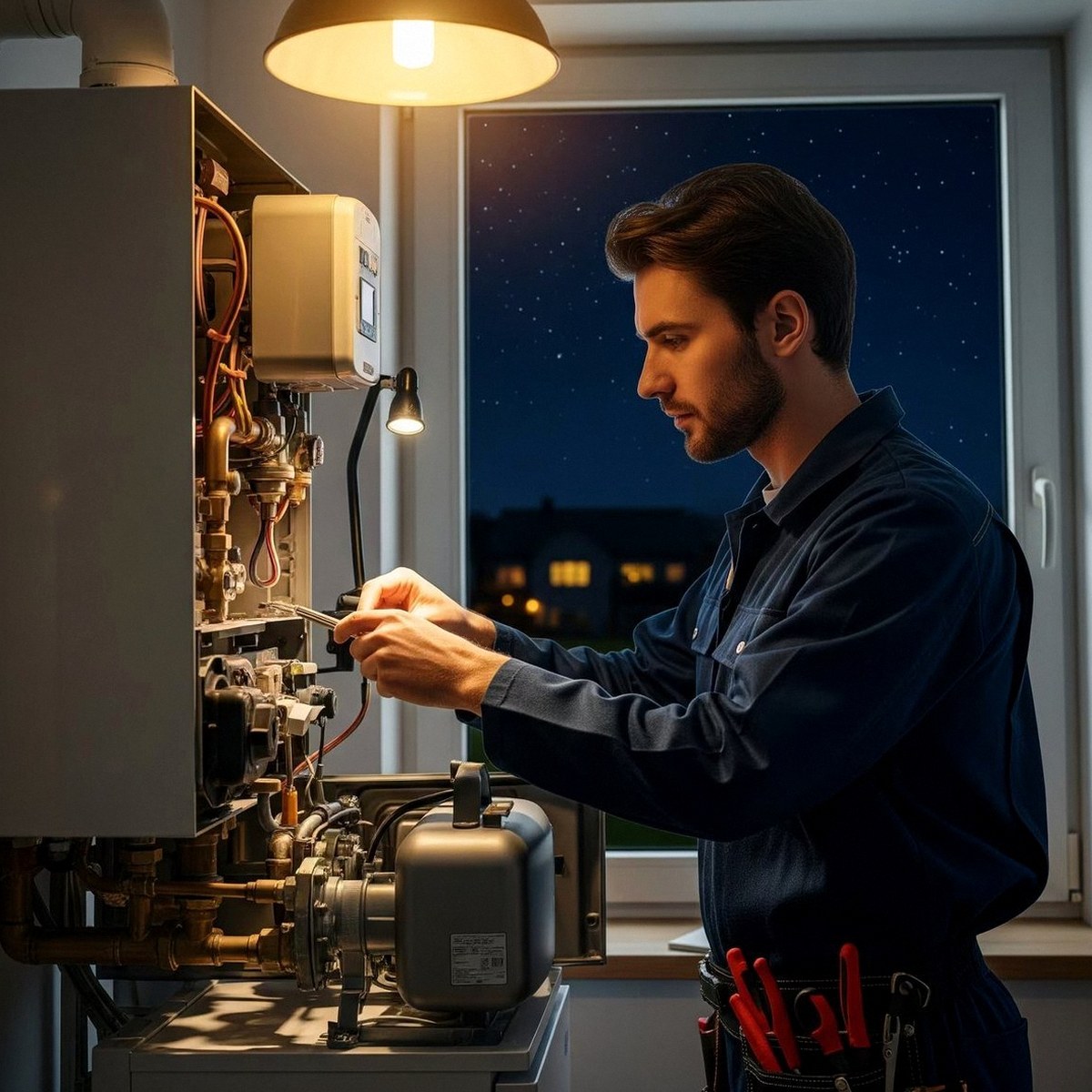 Tecnico al lavoro di notte su una caldaia aperta, durante un pronto intervento di una caldaia Immergas a Nogara