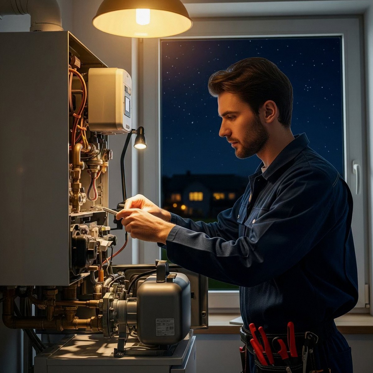 Pronto intervento caldaia Immergas a Pescantina Tecnico al lavoro di notte su una caldaia aperta, durante un pronto intervento di una caldaia Immergas a Pescantina