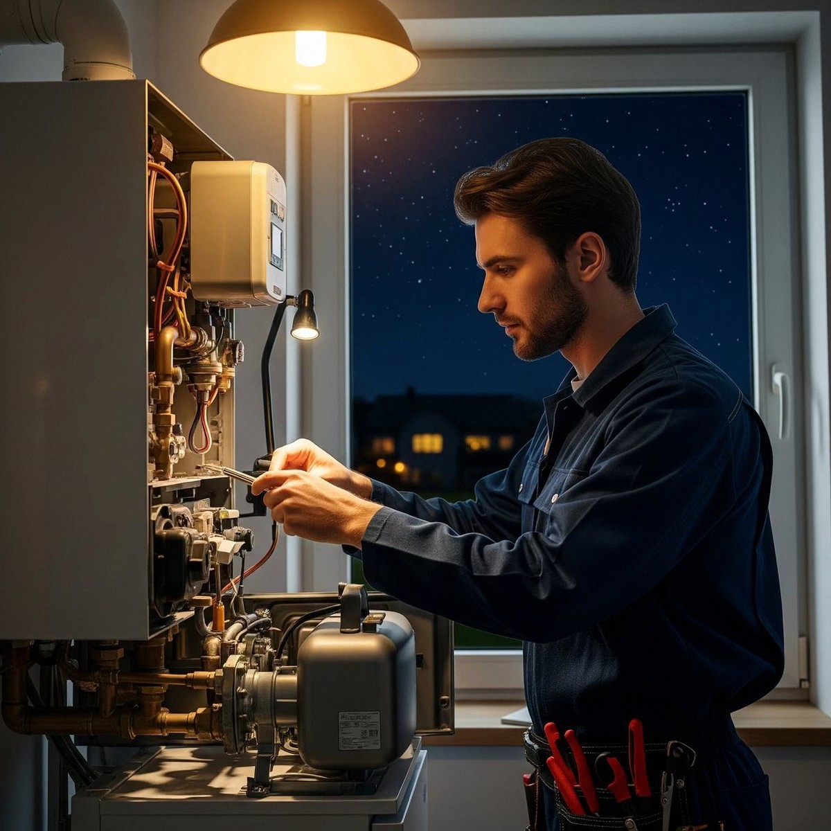 Pronto intervento caldaia Immergas a San Bonifacio Tecnico al lavoro di notte su una caldaia aperta, durante un pronto intervento di una caldaia Immergas a San Bonifacio