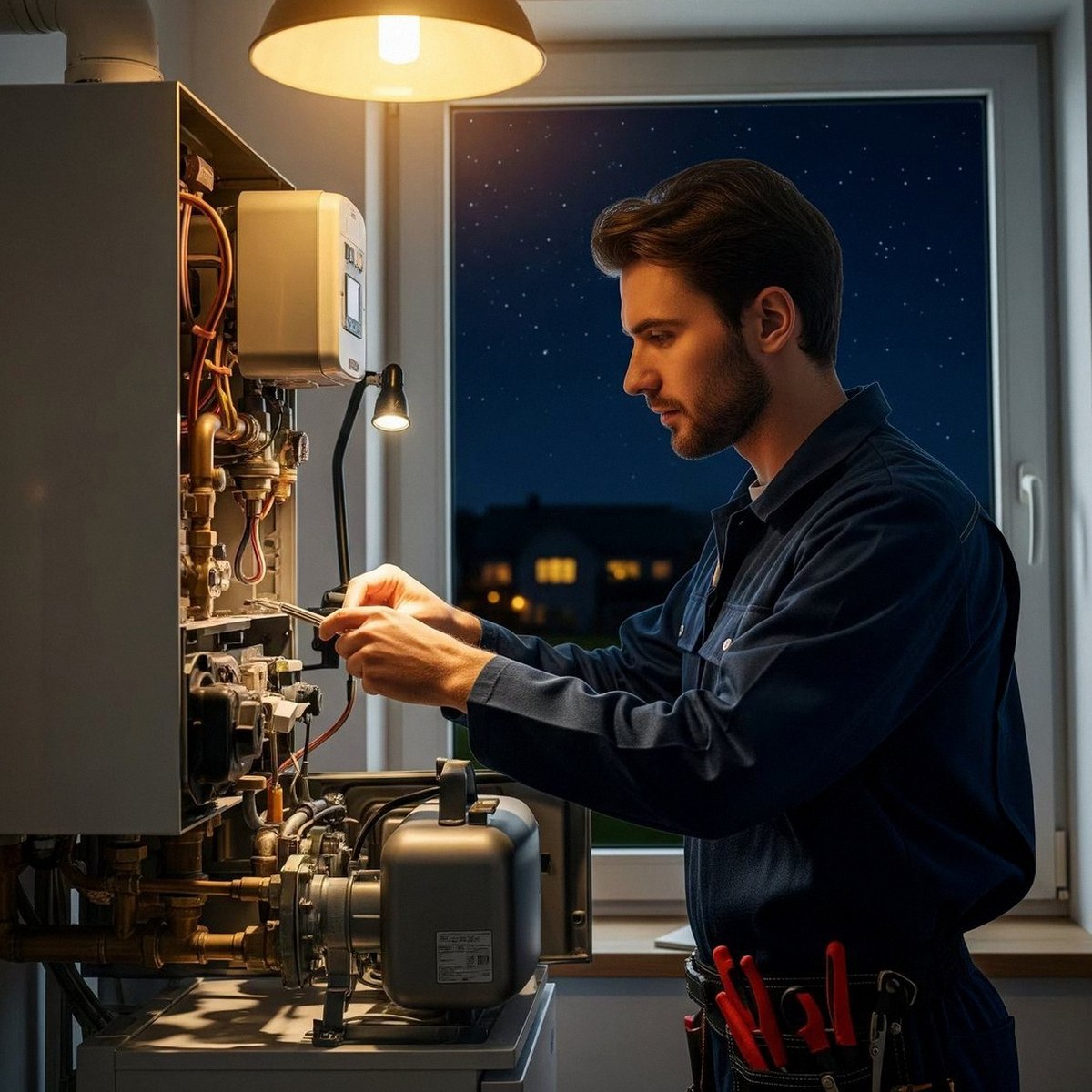 Pronto intervento caldaia Immergas a Valeggio sul Mincio Tecnico al lavoro di notte su una caldaia aperta, durante un pronto intervento di una caldaia Immergas a Valeggio sul Mincio