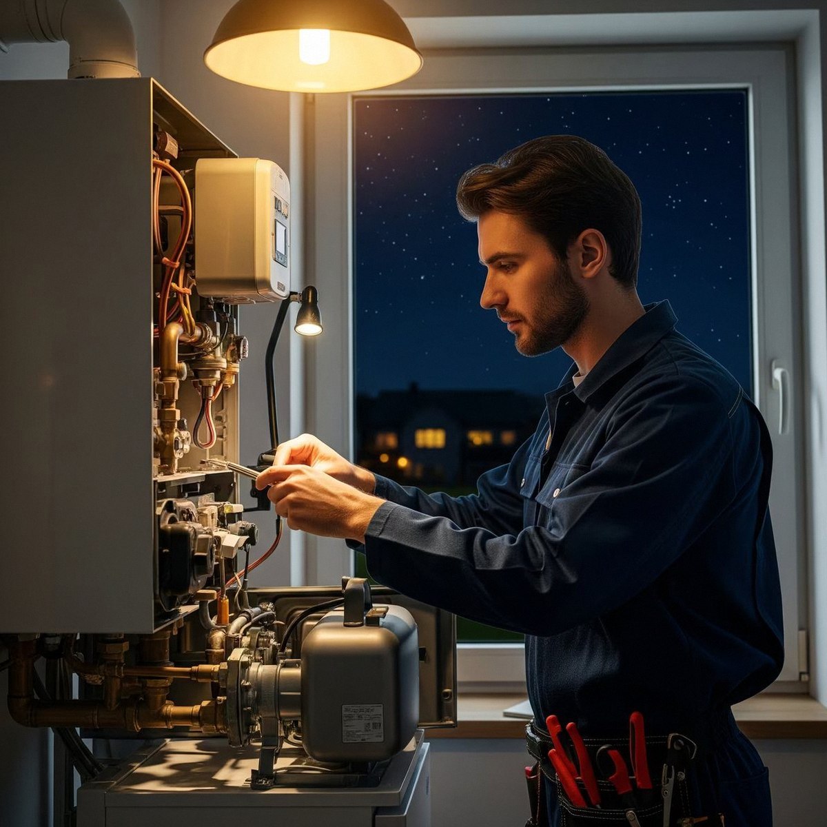 Pronto intervento caldaia Immergas a Borgo Milano Tecnico al lavoro di notte su una caldaia aperta, durante un pronto intervento di una caldaia Immergas a Borgo Milano