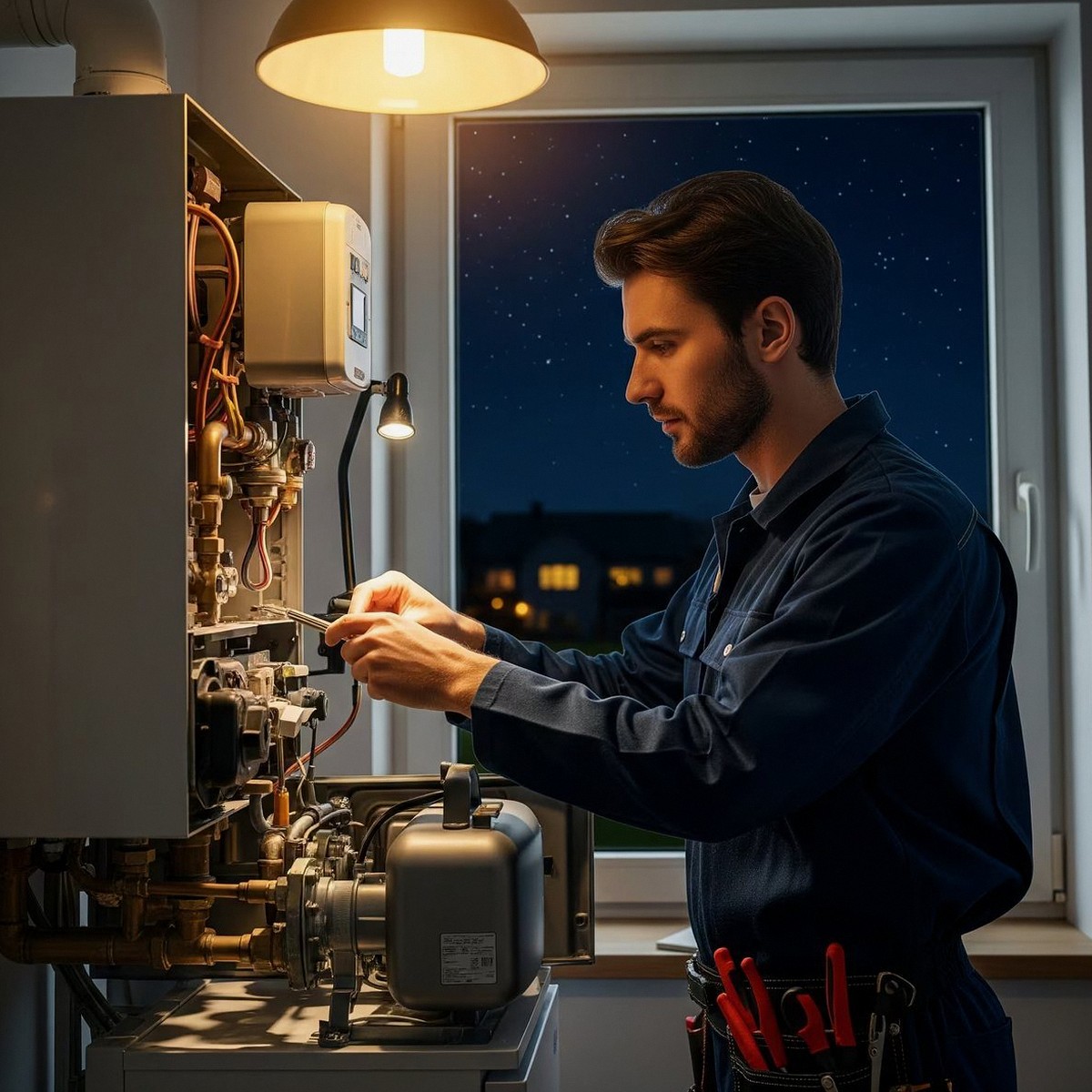Pronto intervento caldaia Immergas a Borgo Roma Tecnico al lavoro di notte su una caldaia aperta, durante un pronto intervento di una caldaia Immergas a Borgo Roma