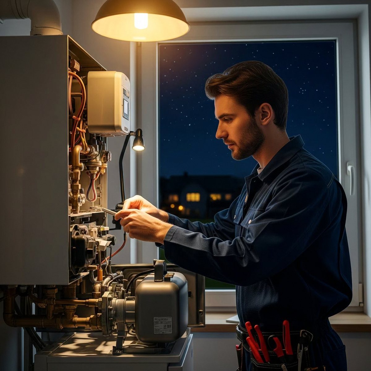 Pronto intervento caldaia Immergas a Borgo Trento Tecnico al lavoro di notte su una caldaia aperta, durante un pronto intervento di una caldaia Immergas a Borgo Trento