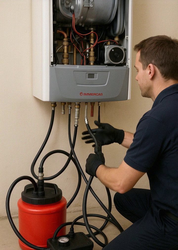 Tecnico con la pompa di lavaggio collegata a una caldaia Immergas, Verona e provincia