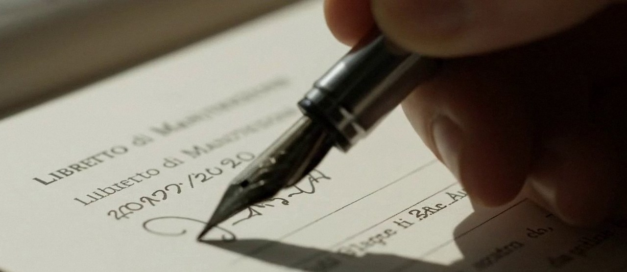 Firma sul libretto dell'impianto dopo l'intervento, durante la manutenzione di una caldaia Junkers a Lavagno