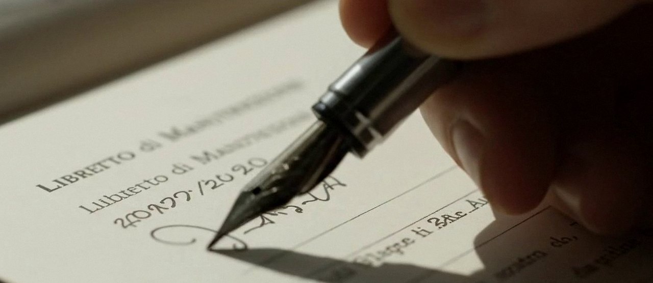 Firma sul libretto dell'impianto dopo l'intervento, durante la manutenzione di una caldaia Junkers a Nogara