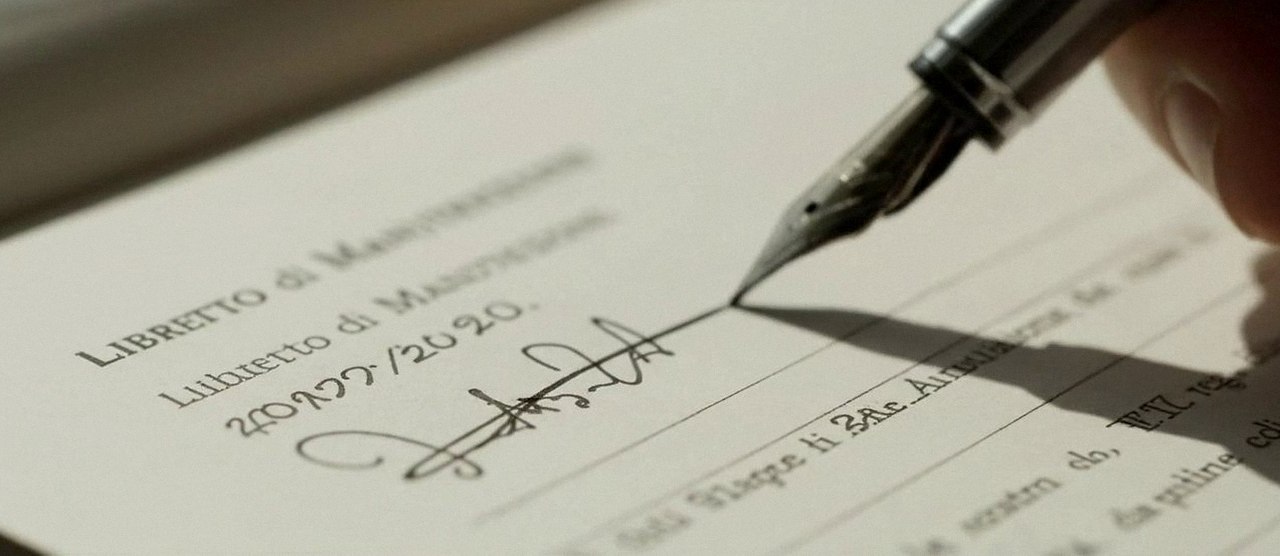 Firma sul libretto dell'impianto dopo l'intervento, durante la manutenzione di una caldaia Lamborghini a San Martino Buon Albergo