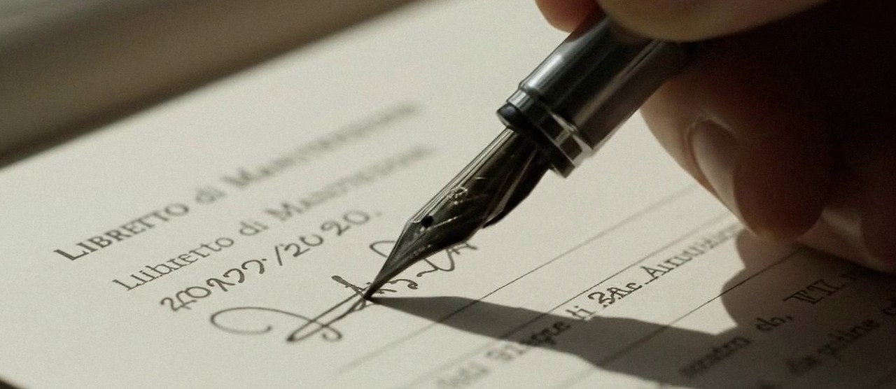 Firma sul libretto dell'impianto dopo l'intervento, durante la manutenzione di una caldaia Riello a Isola della Scala