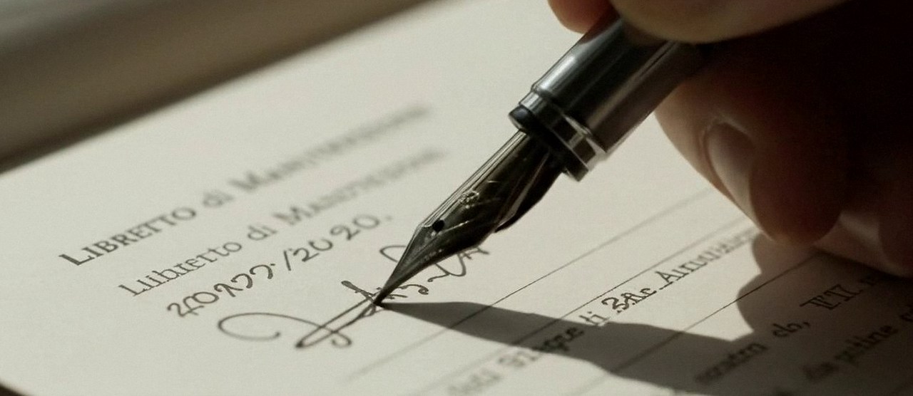 Firma sul libretto dell'impianto dopo l'intervento, durante la manutenzione di una caldaia Riello a Malcesine