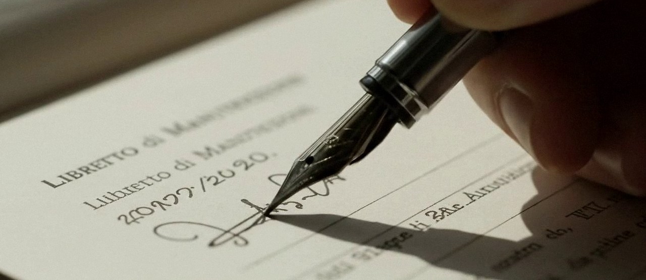 Firma sul libretto dell'impianto dopo l'intervento, durante la manutenzione di una caldaia Riello a Nogara