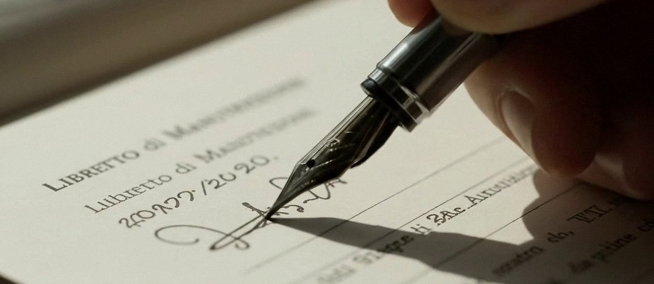 Firma sul libretto dell'impianto dopo l'intervento, durante la manutenzione di una caldaia Riello a Peschiera del Garda
