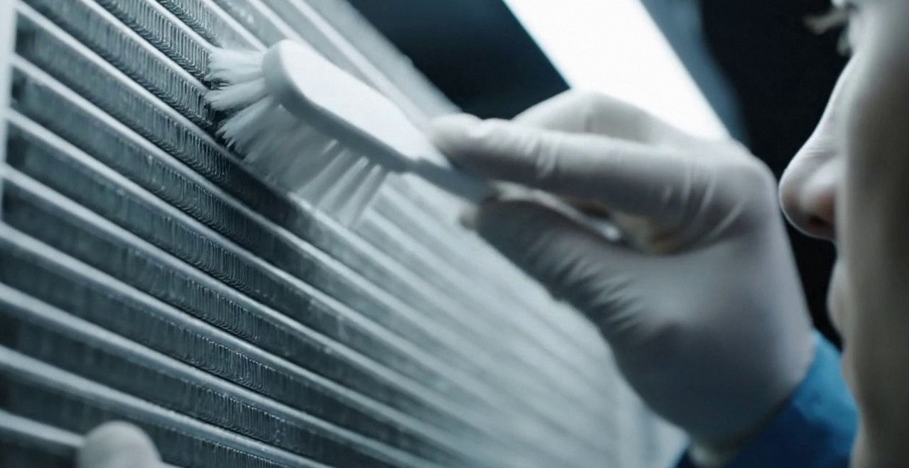 Tecnico che pulisce lo scambiatore di calore della caldaia, durante la manutenzione di una caldaia Riello a Borgo Trento