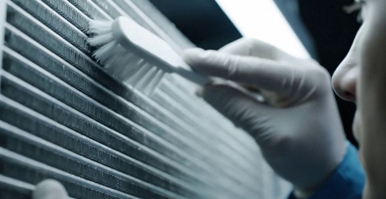 Tecnico che pulisce lo scambiatore di calore della caldaia, Verona e provincia, durante un pronto intervento di una caldaia Riello a Bovolone