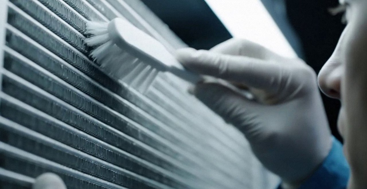 Tecnico che pulisce lo scambiatore di calore della caldaia, Verona e provincia, durante un pronto intervento di una caldaia Riello a Caldiero