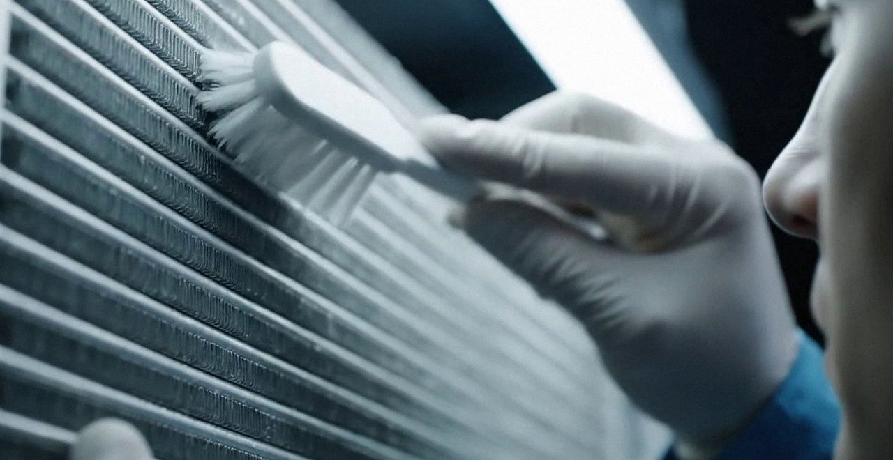 Tecnico che pulisce lo scambiatore di calore della caldaia, Verona e provincia, durante un pronto intervento di una caldaia Riello a Cerea