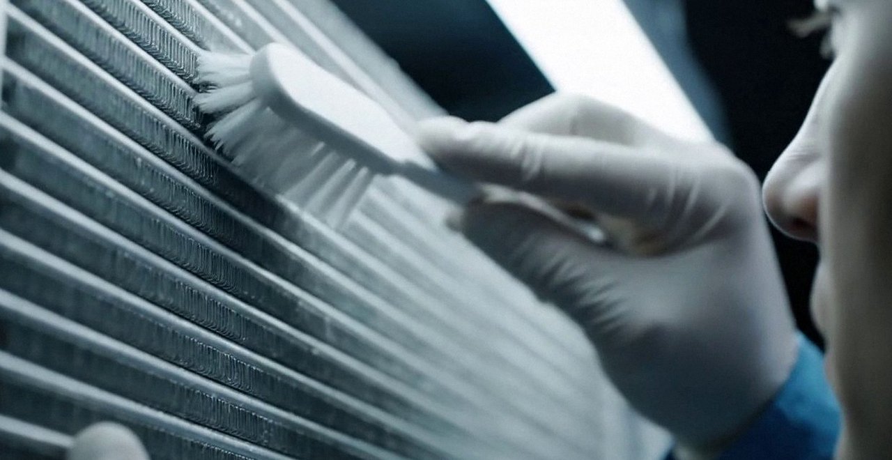 Tecnico che pulisce lo scambiatore di calore della caldaia, Verona e provincia, durante un pronto intervento di una caldaia Riello a Malcesine