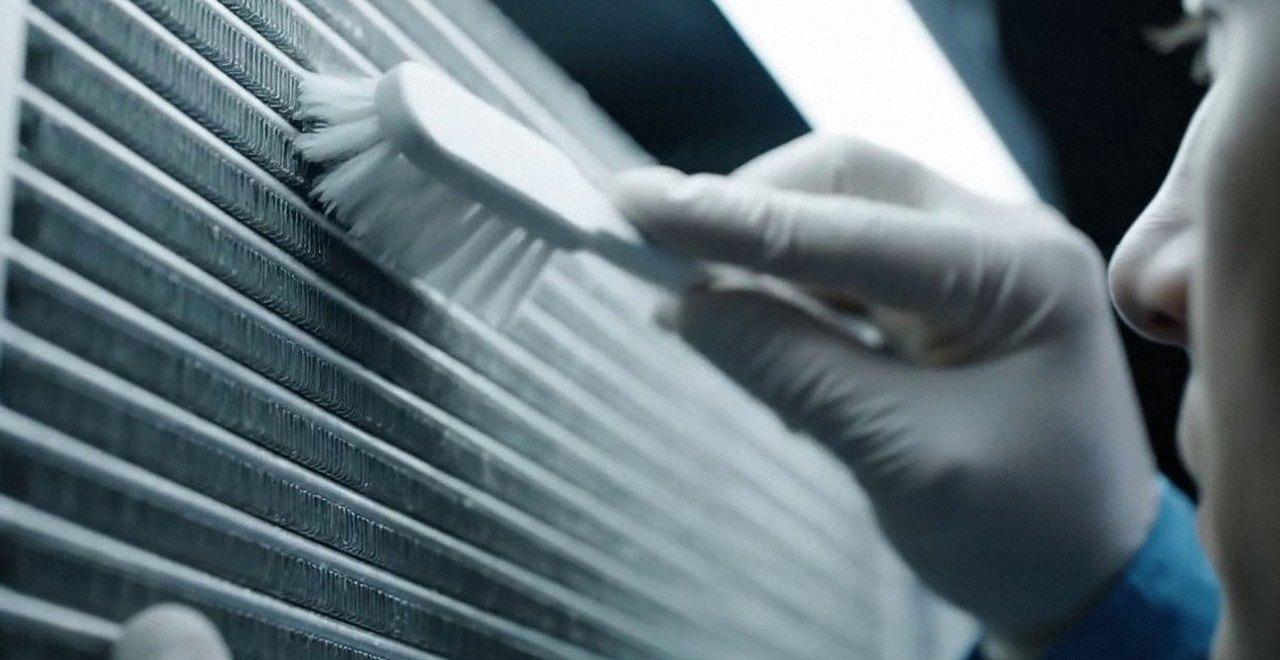 Tecnico che pulisce lo scambiatore di calore della caldaia, Verona e provincia, durante un pronto intervento di una caldaia Riello a San Martino Buon Albergo