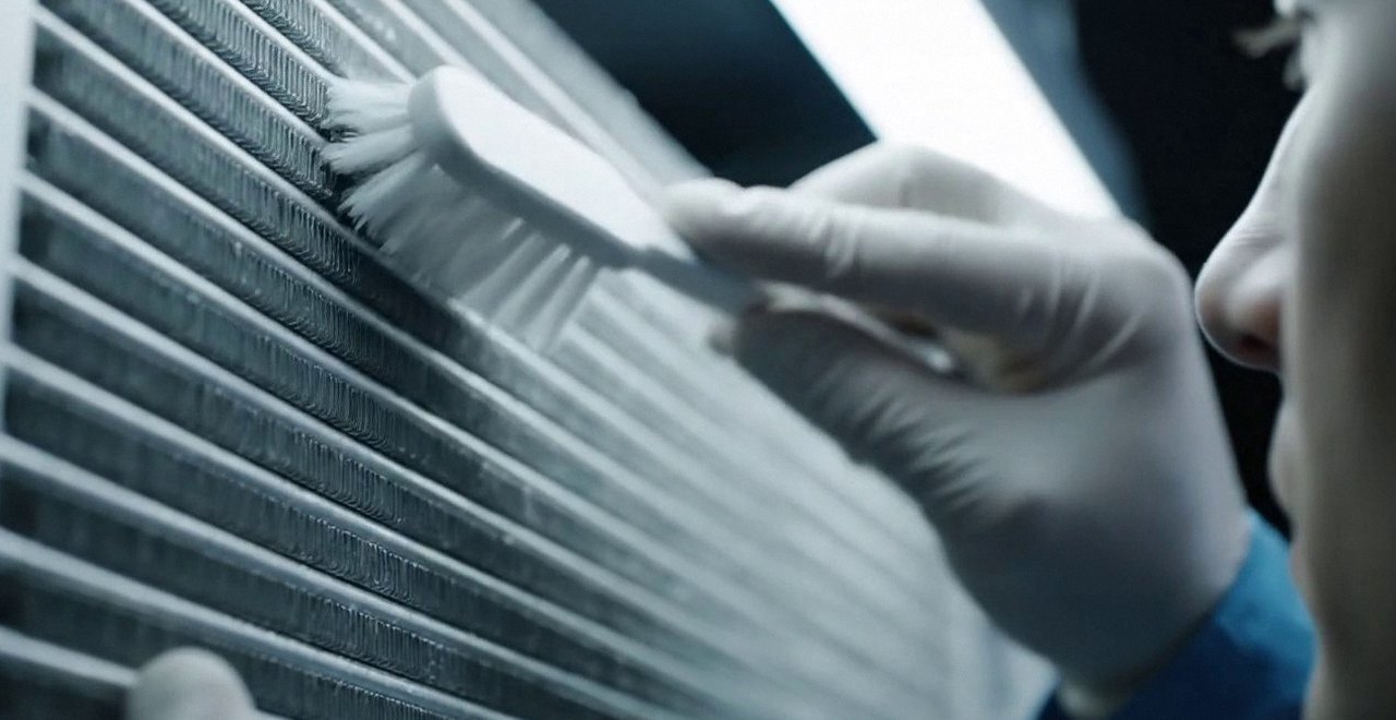 Tecnico che pulisce lo scambiatore di calore della caldaia, Verona e provincia, durante un pronto intervento di una caldaia Riello a Sona