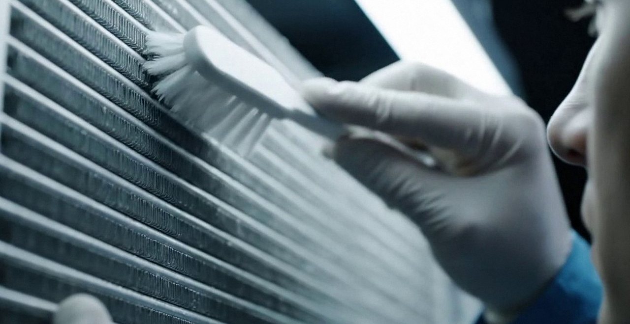Tecnico che pulisce lo scambiatore di calore della caldaia, Verona e provincia, durante un pronto intervento di una caldaia Sime a Bovolone