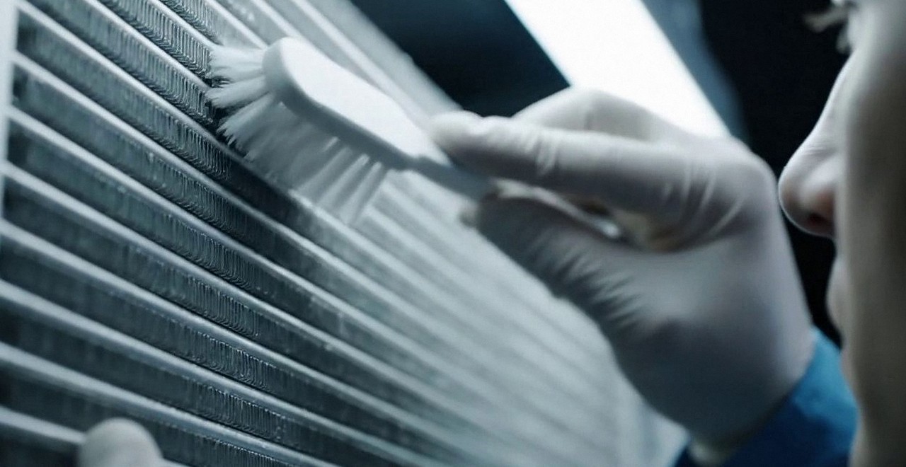 Tecnico che pulisce lo scambiatore di calore della caldaia, Verona e provincia, durante un pronto intervento di una caldaia Sime a Soave