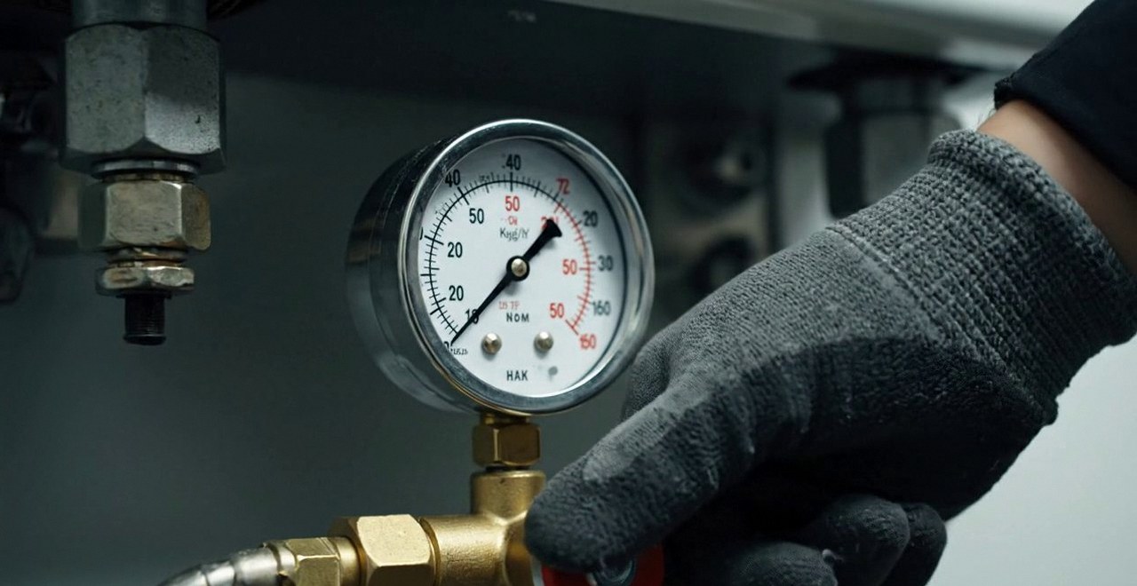 Tecnico che controlla il manometro della pressione dell'impianto, durante la manutenzione di una caldaia Unical a San Bonifacio