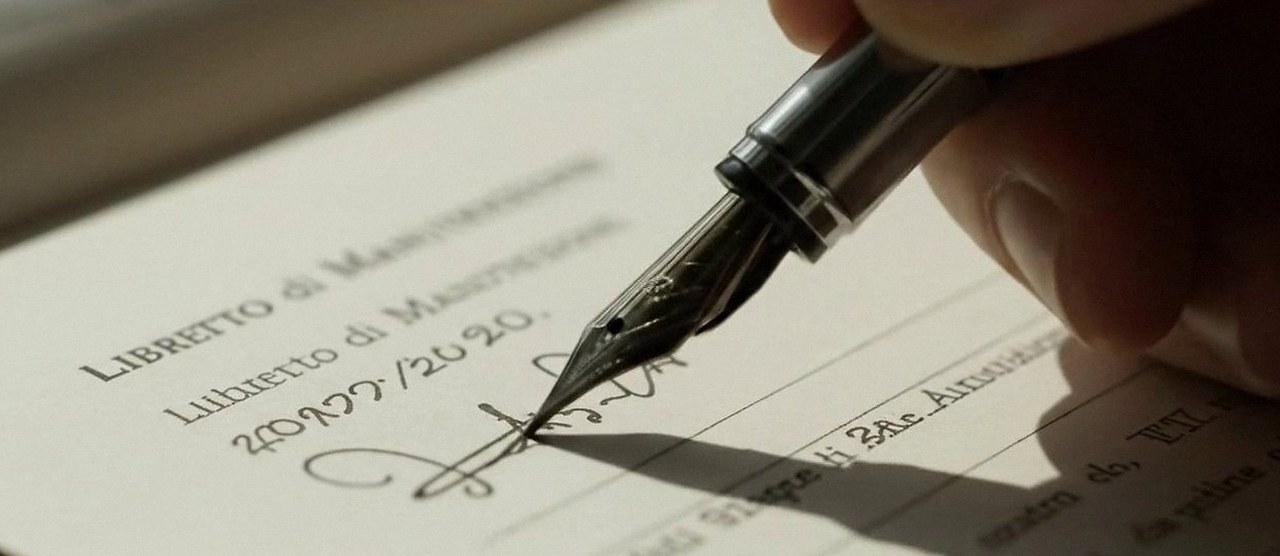 Firma sul libretto dell'impianto dopo l'intervento, durante la manutenzione di una caldaia Vaillant a Grezzana