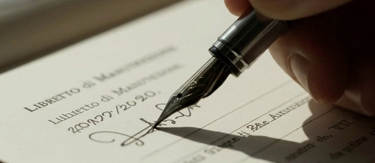 Firma sul libretto dell'impianto dopo l'intervento, durante la manutenzione di una caldaia Vaillant a Lavagno