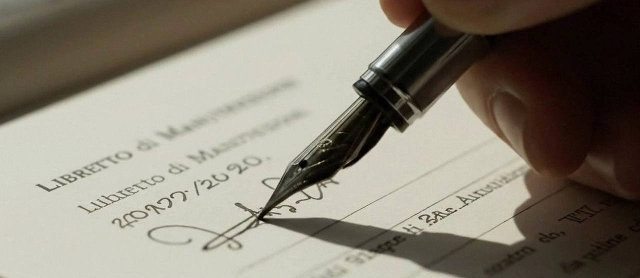 Firma sul libretto dell'impianto dopo l'intervento, durante la manutenzione di una caldaia Vaillant a Soave