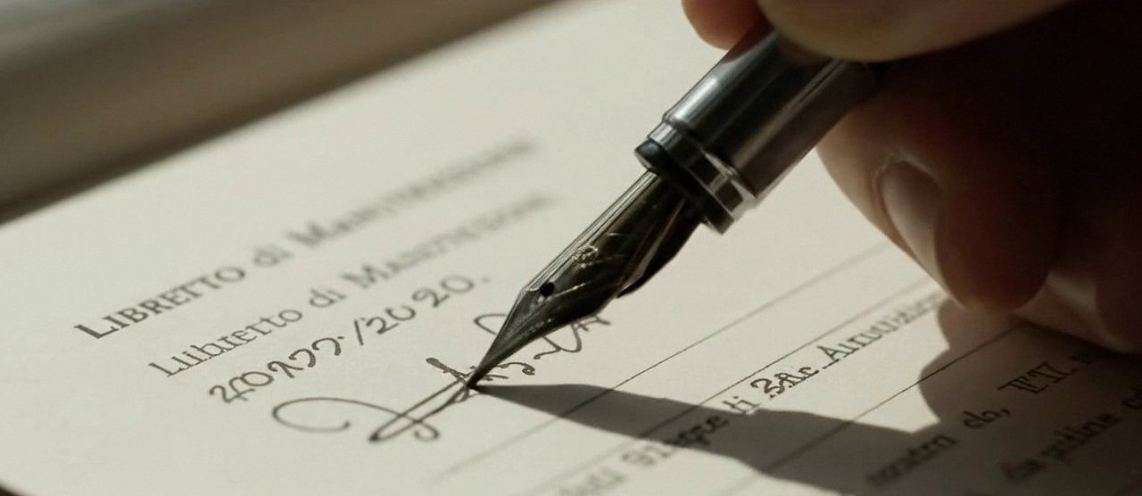 Firma sul libretto dell'impianto dopo l'intervento, durante la manutenzione di una caldaia Vaillant a Sona