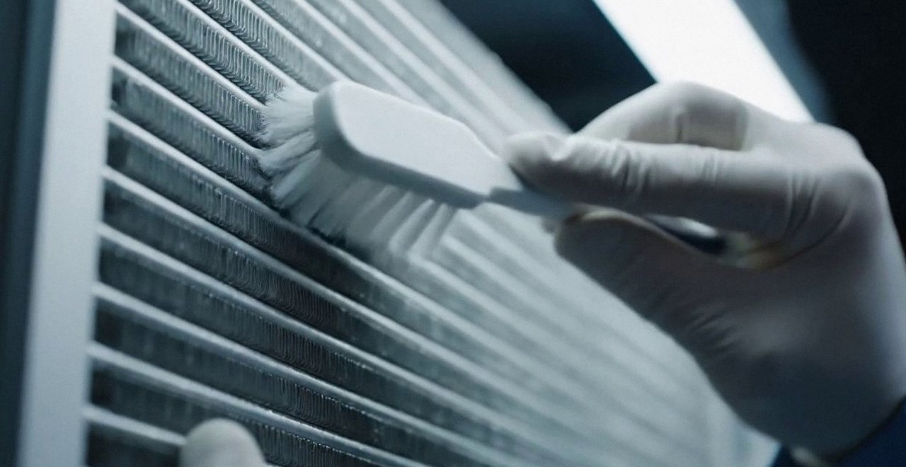 Tecnico che pulisce lo scambiatore di calore della caldaia, Verona e provincia, durante un pronto intervento di una caldaia Vaillant a Soave