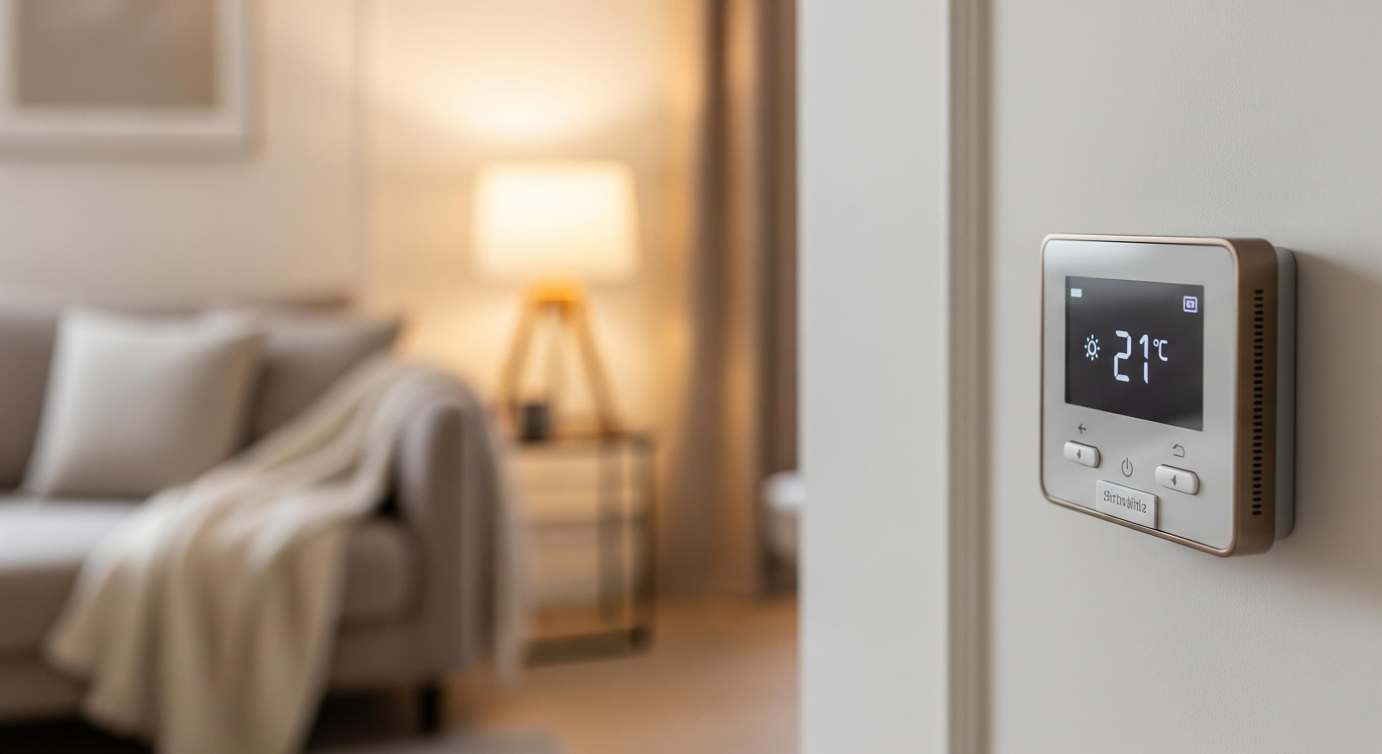 Termostato a parete in un soggiorno, con 21 °C sul display